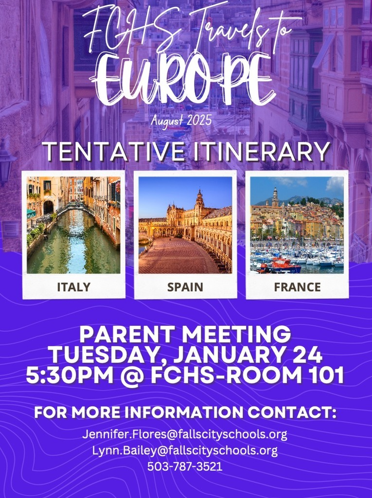 If you are the parent/guardian of a student graduating in years 2024-2028, your student is invited to join us on an upcoming educational experience to Italy, France, & Spain in the Summer of 2025! We are committed to helping every student that wants to travel raise the funds to attend regardless of financial barriers.  Come hear all the details including the itinerary, activities, academic opportunities, cost, and EF's risk free enrollment period. The meeting will be held Tuesday, January 24 at 5:30 at Falls City High School, room 101. When students travel, they expand their knowledge of the world around them, discover more about themselves, and grow more confident. These skills are critical for creating the global citizens of tomorrow, and we would love to have your student join us on this adventure. Click here to RSVP to the informational meeting! Https://bit.ly/3H3KLBV Looking forward to seeing you!